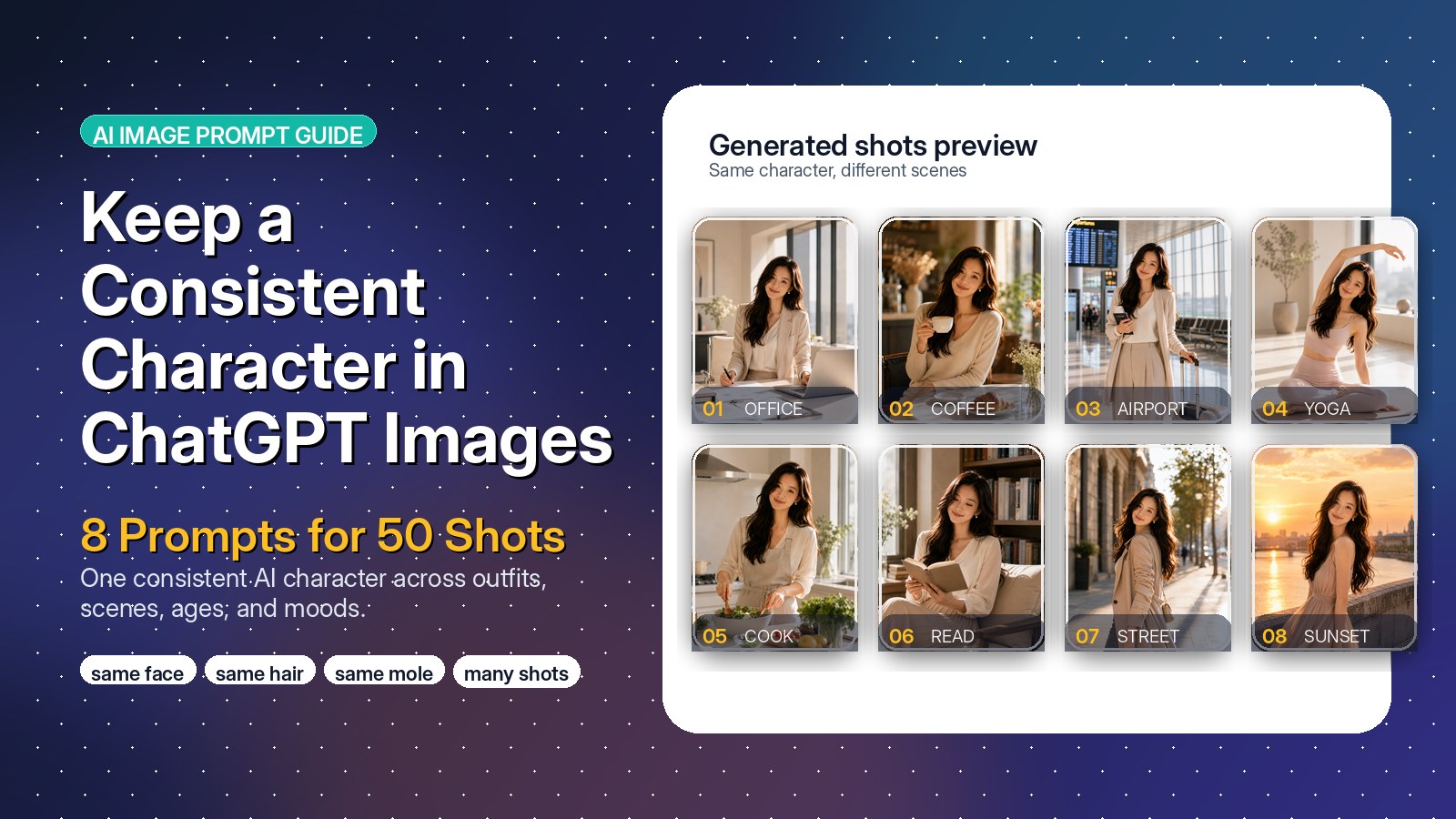 Keep a Consistent Character in ChatGPT Images: 8 Prompts for 50 Shots